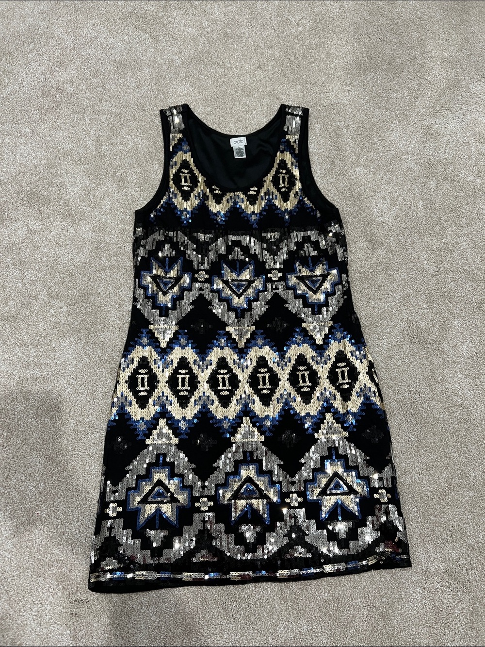 Sequin Geometric Tank Mini Dress - Black, Blue & Silver